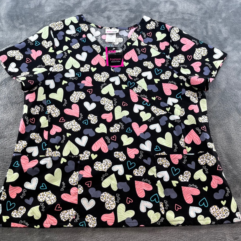 Scrubstar Fashion Collection Heart Print V-Neck Scrub Top Black Large NWT